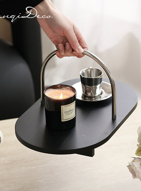 现代金属提手装饰摆件样板间书房酒店民宿诧寂风木质黑色托盘收纳