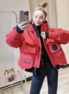 短款厚棉冲锋衣连帽百搭洋气小个子多标收腰个性潮牌炸街2023冬季