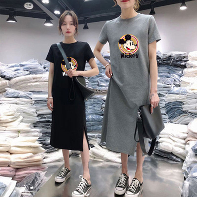 夏季新款短袖连衣裙女式休闲遮肚大码宽松中长款过膝打底T恤裙子