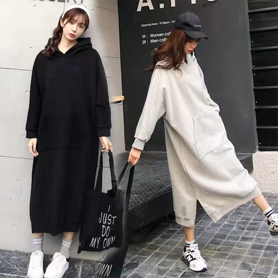 连衣裙女装连帽加绒长款卫衣遮肚