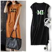 新款 短袖 女装 夏季 流行宽松显瘦字母无袖 T恤连衣裙中长口袋仙女裙