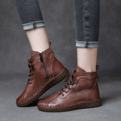 牛筋软底短靴 2025秋冬季 真皮单靴手工缝制头层牛皮复古妈妈鞋 女鞋