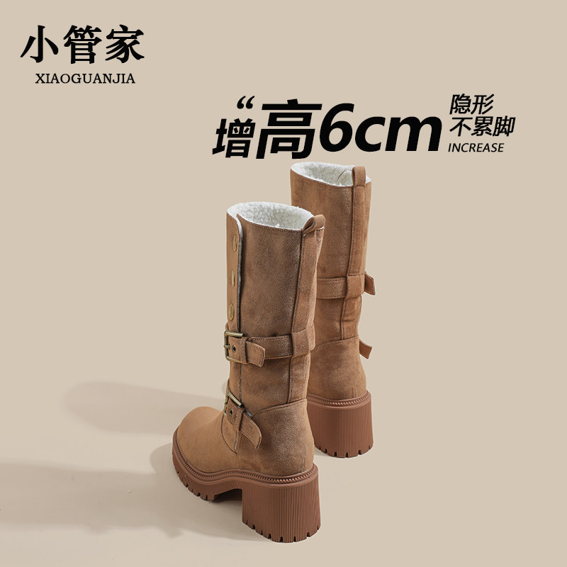 여성을위한  가죽 두꺼운 발 뒤꿈치 짧은 부츠 2024 새로운 겨울 플러스 벨벳 따뜻한 면화 두꺼운 밑창 접이식 여성을위한 2 착용 중반 부츠