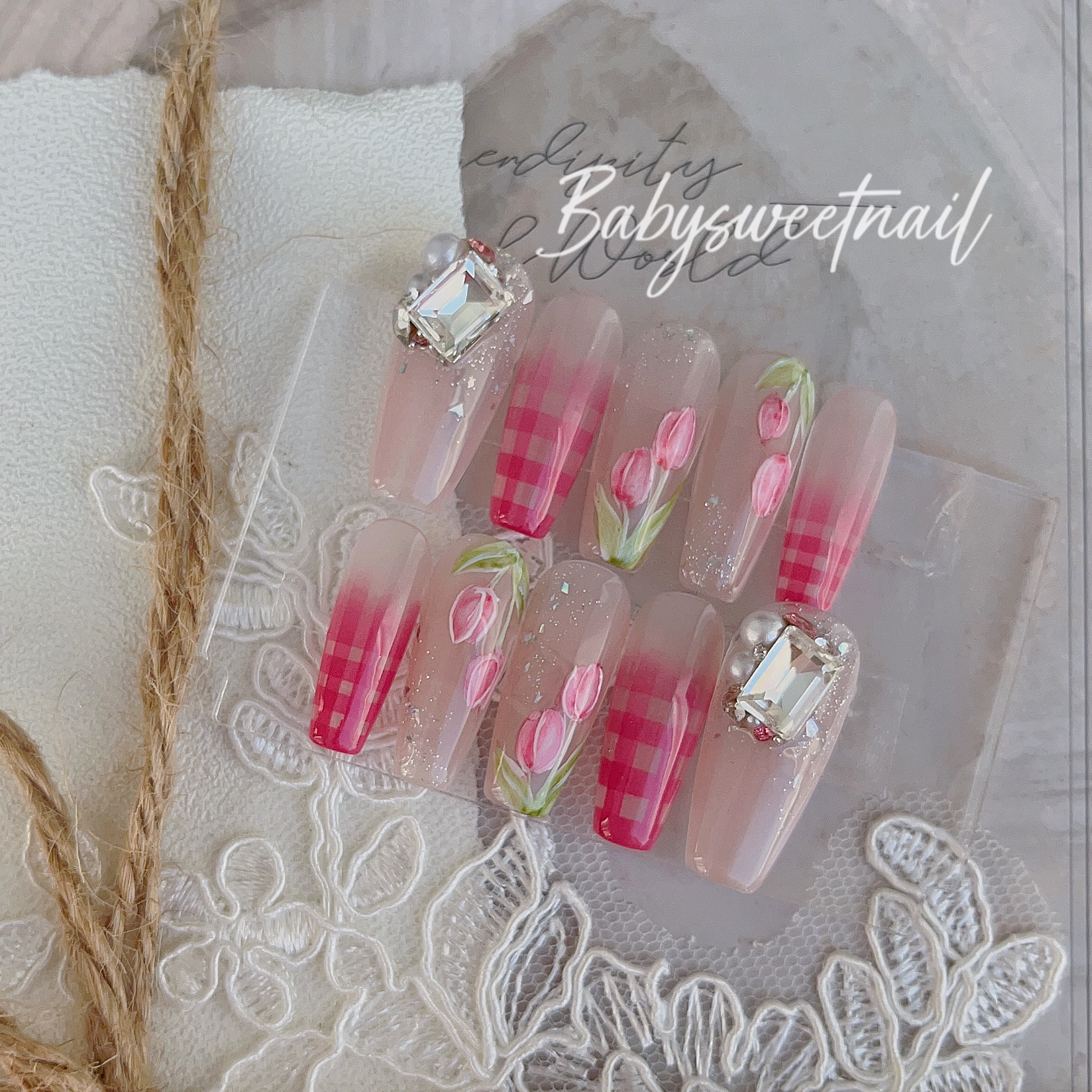 Babysweetnail浮世郁金香美甲成品甲片穿戴甲手工甲片高端定制