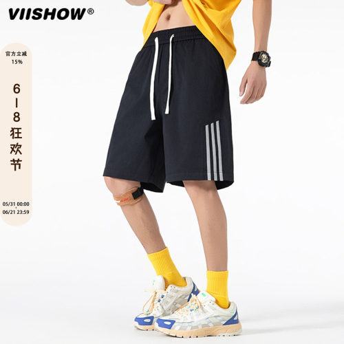 VIISHOW三条杠条纹短裤男款夏季薄款速干运动裤子休闲直筒五分裤
