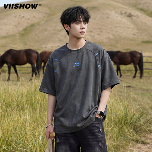 VIISHOW夏季潮牌刺绣拼接短袖美式休闲体恤宽松复古半袖情侣T恤男