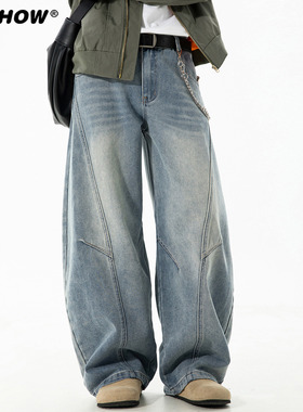 VIISHOW美式弯刀牛仔裤男秋季水洗复古工装阔腿长裤潮牌做旧裤子