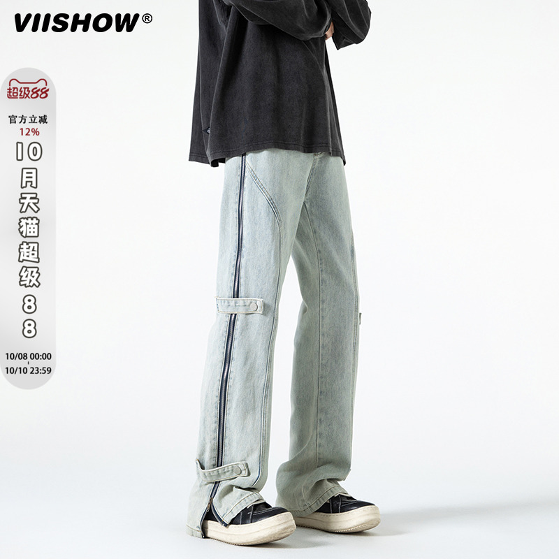 VIISHOW美式高街休闲牛仔裤子男士春秋季侧边拉链宽松百搭阔腿裤
