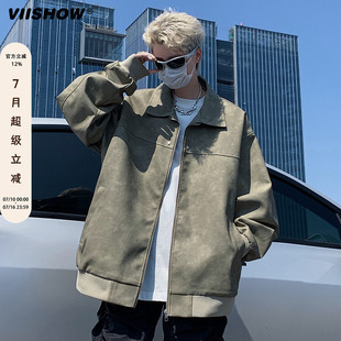 VIISHOW美式复古PU皮衣外套男春秋款痞帅高级感男模翻领工装夹克