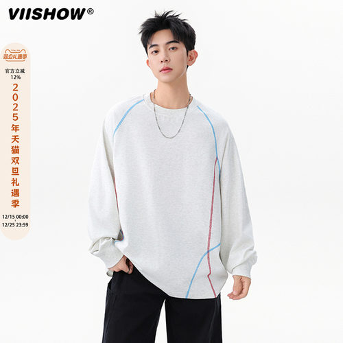 VIISHOW美式哈苏线长袖T恤男潮牌撞色痞帅上衣宽松休闲圆领卫衣