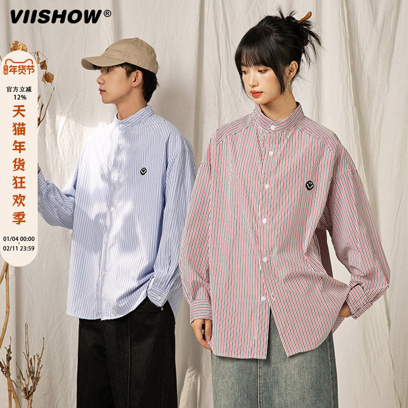 VIISHOW新中式宽松廓形立领长袖衬衫男潮牌秋季新款条纹衬衣外套,男装,衬衫,淘宝优惠券,粉丝福利购,淘宝优惠卷