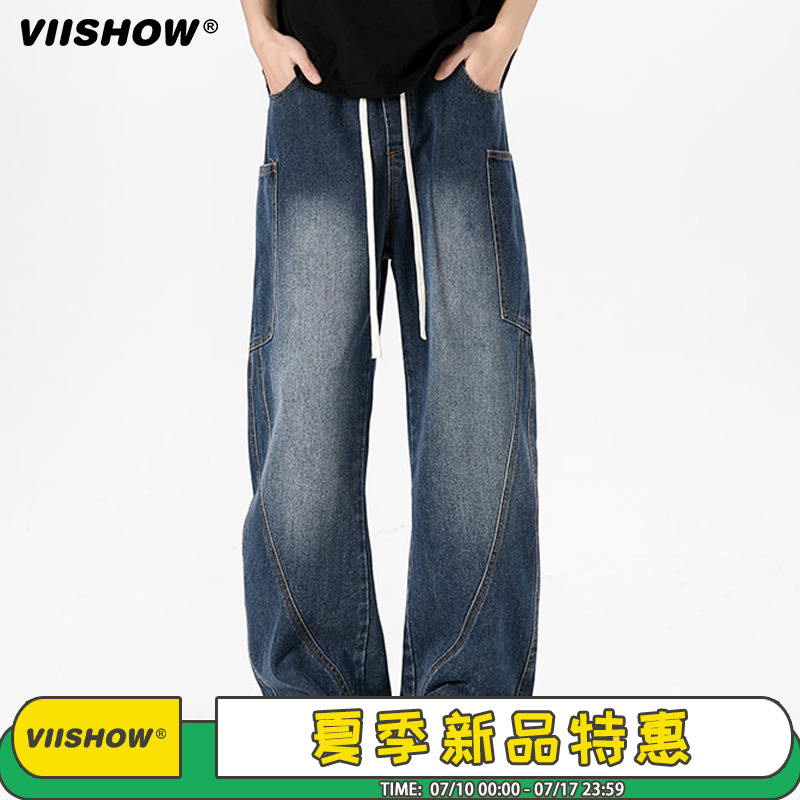 VIISHOW复古水洗弯刀牛仔裤男春季美式宽松高街直筒阔腿长裤潮
