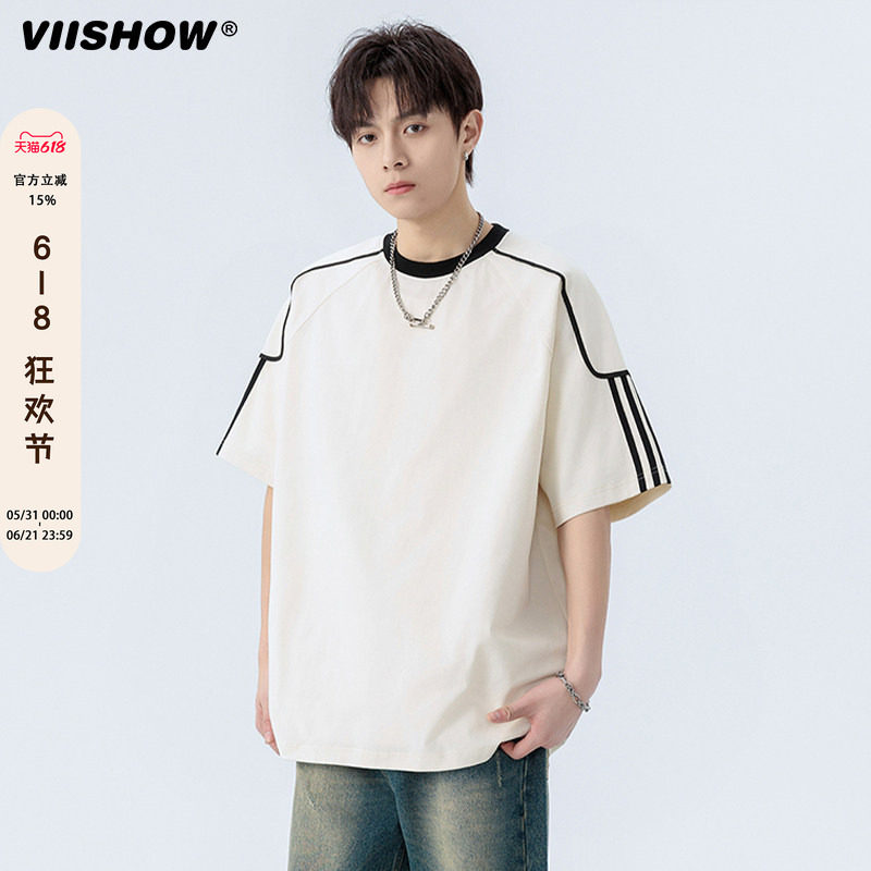 VIISHOW圆领凉感短袖T恤男款2025年夏季潮牌宽松休闲条纹半袖体恤