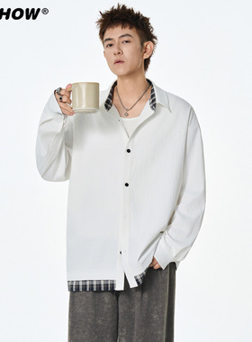 VIISHOW衬衫男士长袖秋潮牌格子翻领衬衣假两件宽松拼接休闲外套