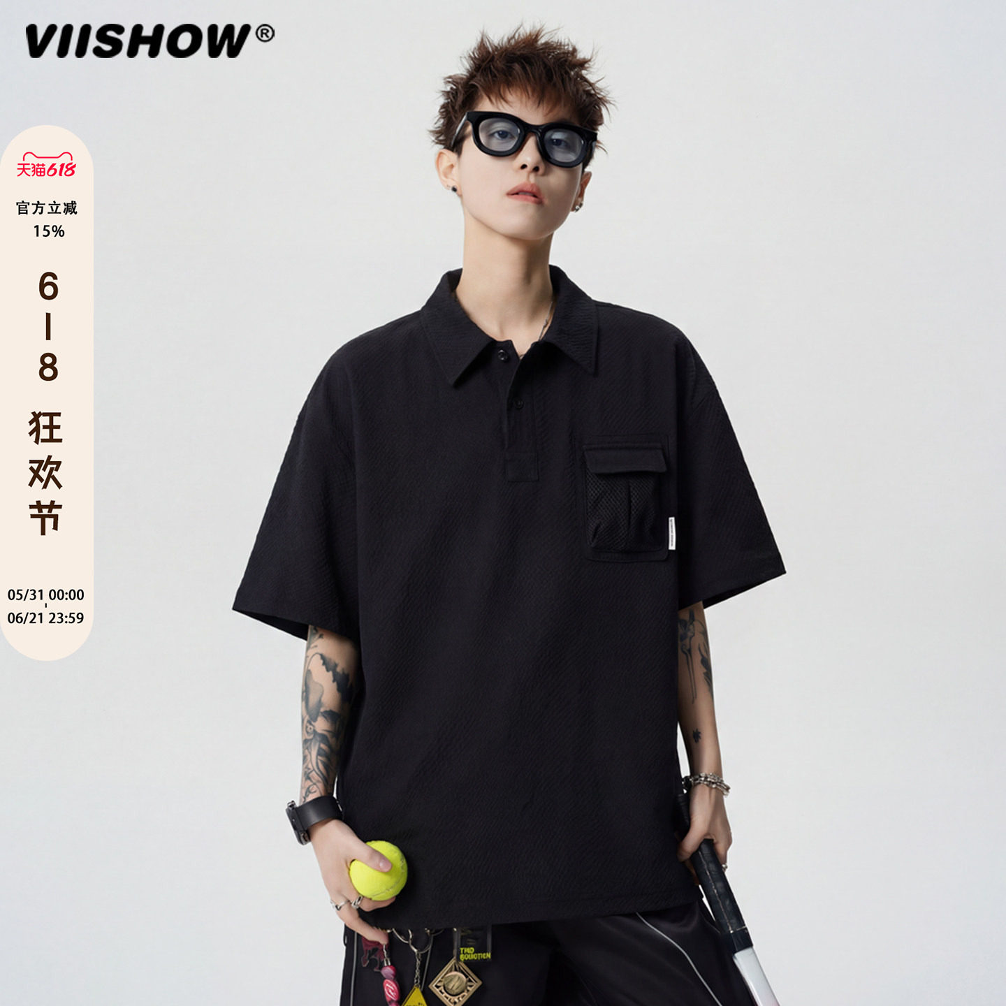 VIISHOW夏季潮牌泡泡纱纯色短袖POLO衫男女复古宽松休闲纯色体恤