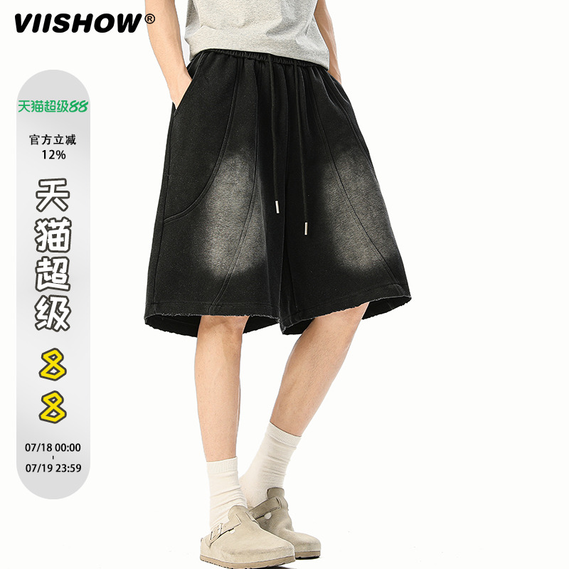 VIISHOW潮牌美式水洗做旧直筒五分裤子男女夏季复古宽松牛仔短裤