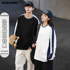 VIISHOW春季情侣宽松拼接撞色圆领长袖T恤男生日系条纹慵懒感上衣