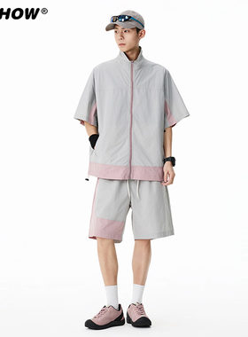 VIISHOW防晒套装男士夏季冰丝凉感撞色短袖衬衫宽松运动短裤一套