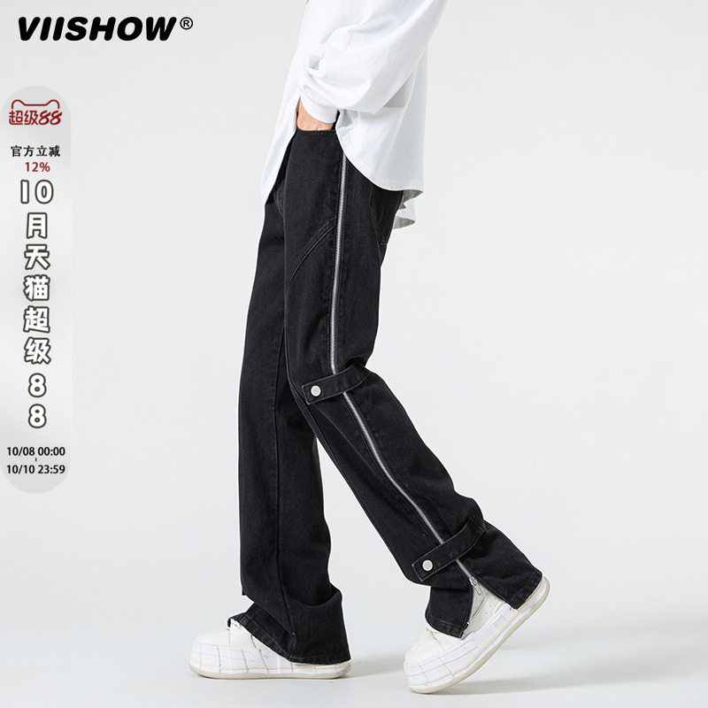 VIISHOW美式高街休闲牛仔裤子男士春秋季侧边拉链宽松百搭阔腿裤