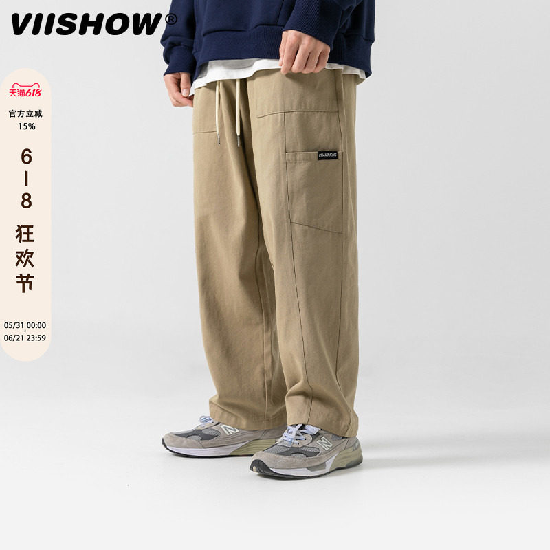 VIISHOW抽绳工装裤男秋季新款日系复古潮牌休闲宽松直筒阔腿裤子