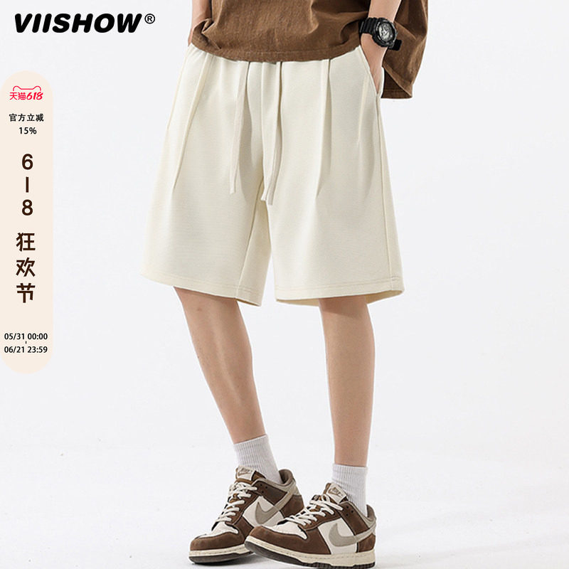 VIISHOW薄款黑色休闲裤男美式外穿运动短裤宽松直筒新款五分裤男
