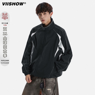 VIISHOW复古潮牌拼接立领运动外套男女秋季 宽松情侣百搭休闲夹克
