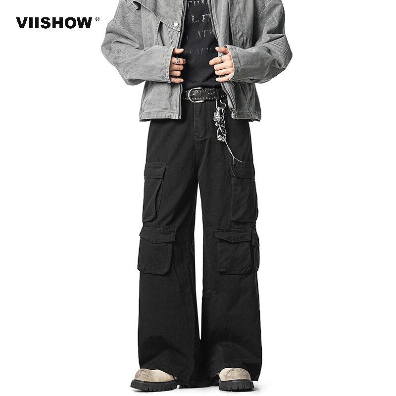 VIISHOW美式工装风多口袋黑色休闲裤男宽松直筒长裤工装裤男装