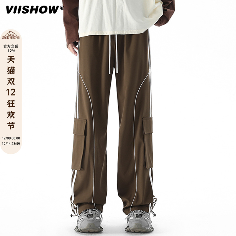 VIISHOW春秋新款美式复古侧边条纹工装裤男女直筒三条杠休闲裤子