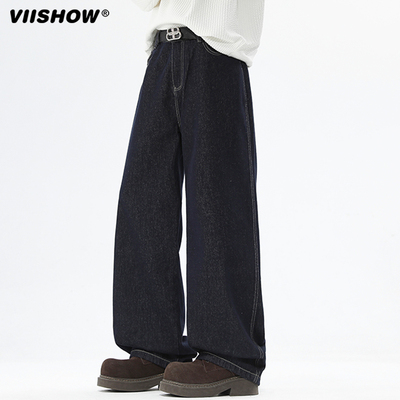 VIISHOW潮牌美式撞色辑明线直筒牛仔裤男复古宽松潮流百搭阔腿裤