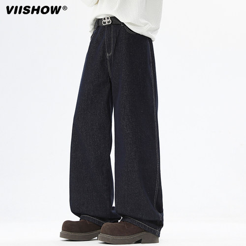 VIISHOW潮牌美式撞色辑明线直筒牛仔裤男复古宽松潮流百搭阔腿裤