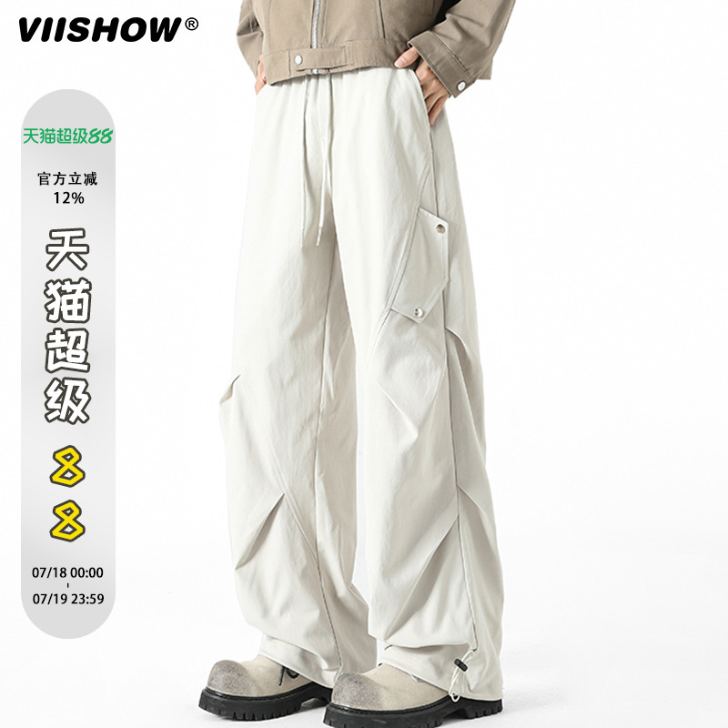 VIISHOW机能工装裤男夏季薄款褶皱拼接痞帅伞兵休闲裤宽松直筒裤