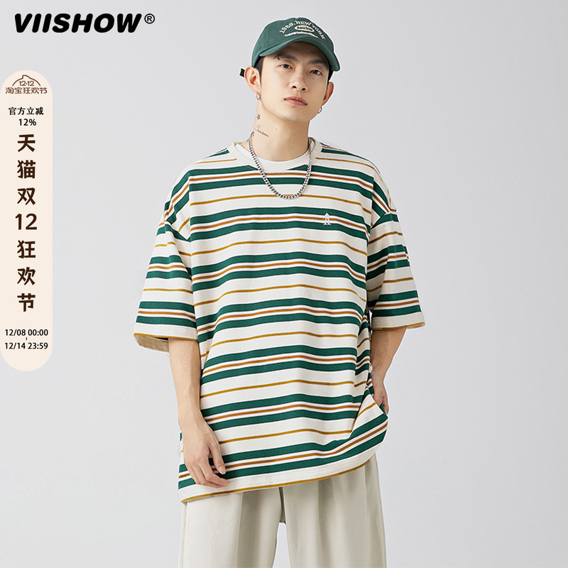 VIISHOW日系潮牌条纹短袖T恤男
