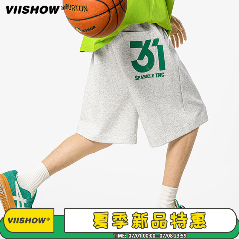 VIISHOW夏季徽章印花运动短裤男潮牌街头宽松阔腿休闲百搭五分裤