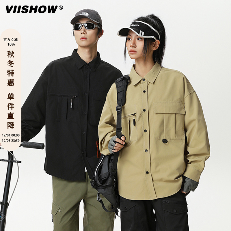 VIISHOW复古工装长袖衬衫男春季户外设计小众机能宽松大口袋衬衣