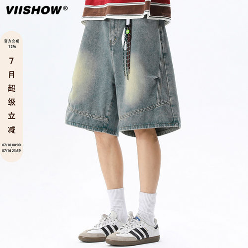 VIISHOW潮牌水洗做旧直筒牛仔五分裤男复古夏季宽松百搭休闲短裤