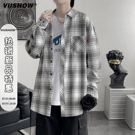 VIISHOW格子衬衫男士长袖衬衣春秋潮流宽松薄款港风日系休闲外套