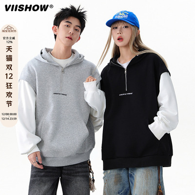 VIISHOW美式假两件连帽卫衣男