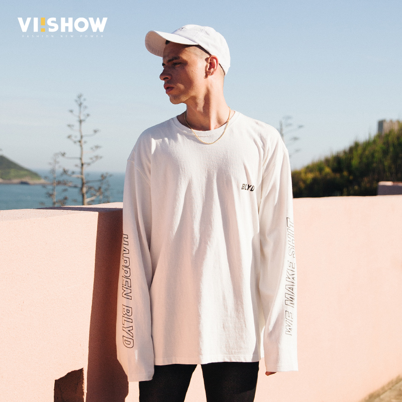 VIISHOW2018秋装新款纯棉长袖T恤男宽松情侣印花男士长t圆领潮