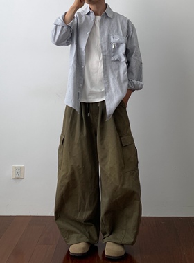 Daily 1|日系条纹衬衫百搭口袋设计cityboy宽松长袖衬衣户外上衣