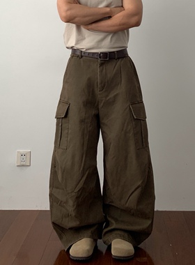 Daily1重磅加绒加厚工装裤水洗做旧大口袋褶皱阔腿裤冬季保暖长裤