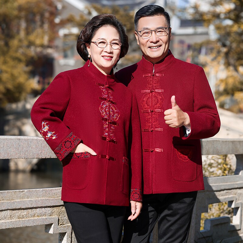 男士唐装龙年中老年男款寿星老人红色衣服情侣秋冬装毛呢上衣