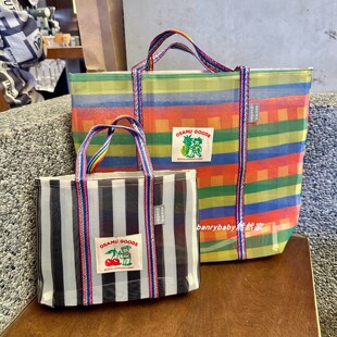 日系可爱原田网纱手提包小女孩大容量沙滩包彩虹休闲购物袋