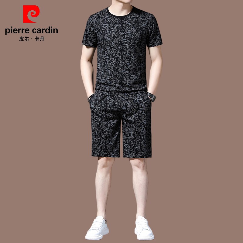 皮尔卡丹新款冰丝高弹花纹短袖短裤t恤男士休闲套装桑蚕丝二件套