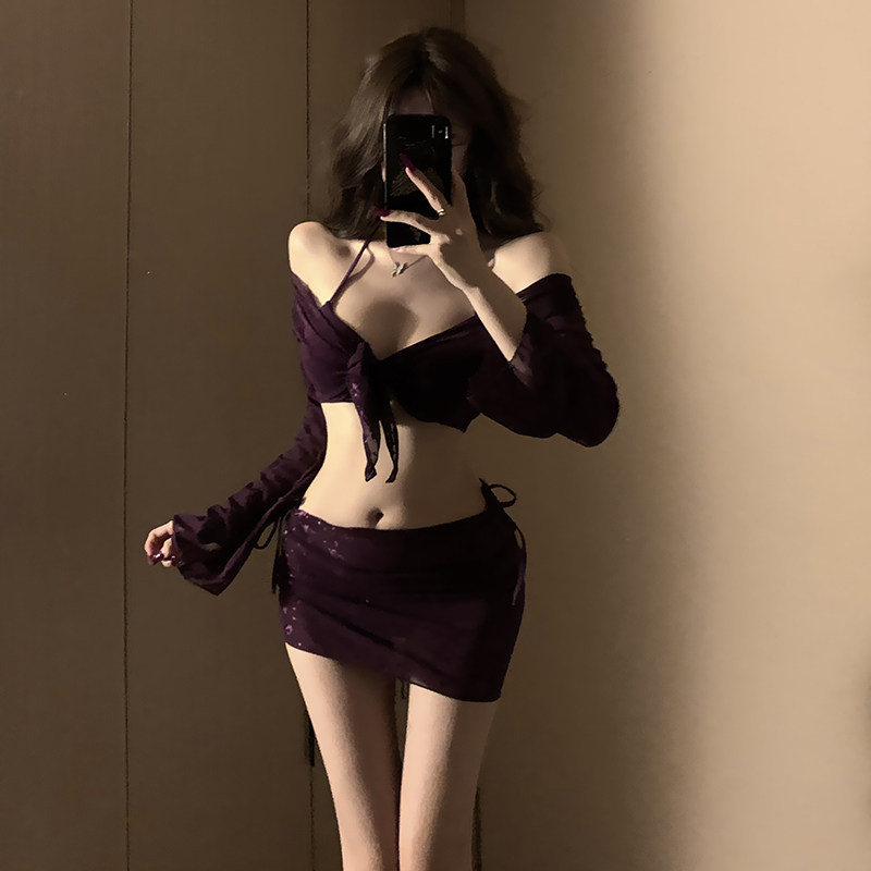 新款紫色比基尼四件套分体泳衣女性感纯欲网红风小胸夏海岛度假