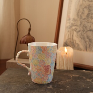 景德镇手绘立体浮雕万花陶瓷马克杯闺蜜情侣礼物新婚伴手礼高颜值