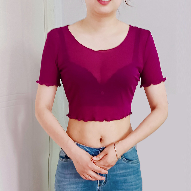 2021花边网纱打底衫女短款短T恤