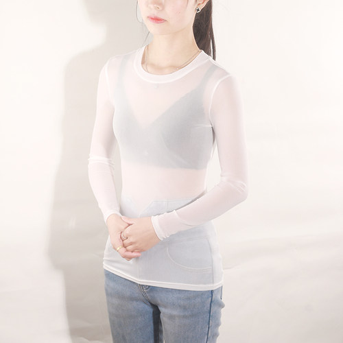 圆领网纱打底衫女长袖2022春秋新款透视内搭蕾丝性感纱衣薄款上衣