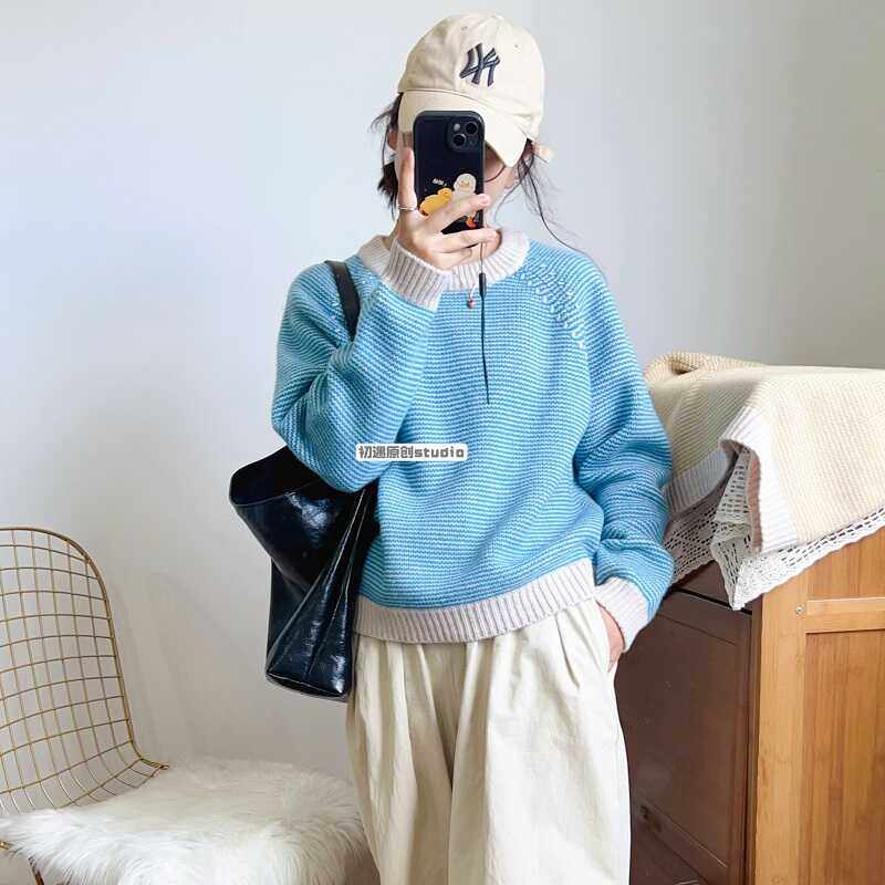 初遇秋冬新款100羊毛条纹毛衣全羊毛加厚保暖圆领毛衣蓝色黄色女,女装/女士精品,卫衣/绒衫,淘宝优惠券,粉丝福利购,淘宝优惠卷