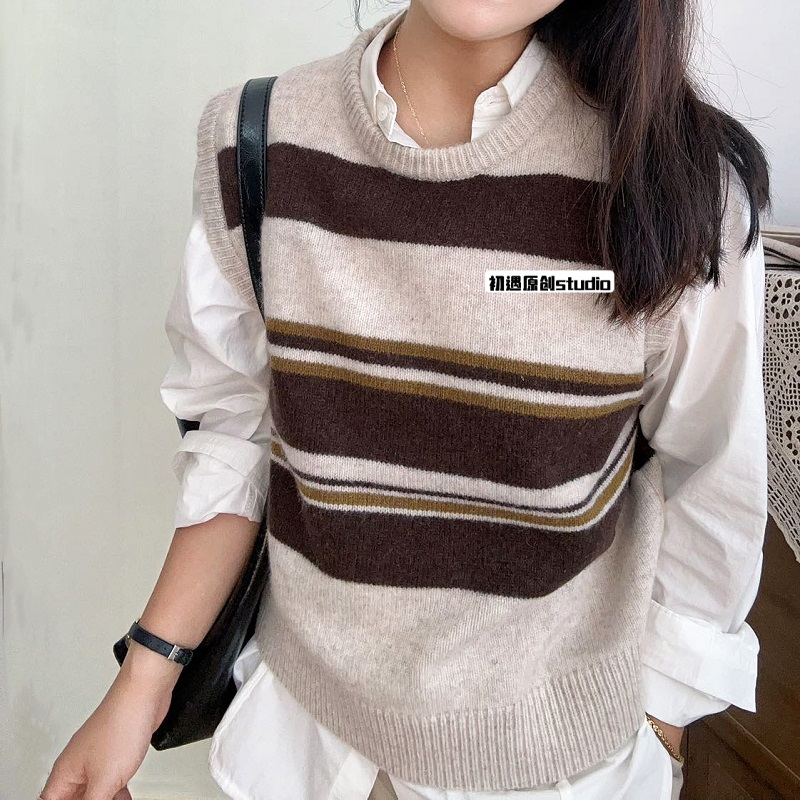 套头简约圆领V领条纹全羊毛