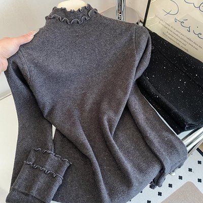 实拍灰色美拉德木耳边针织打底衫秋冬新款花边高领修身长袖上衣女